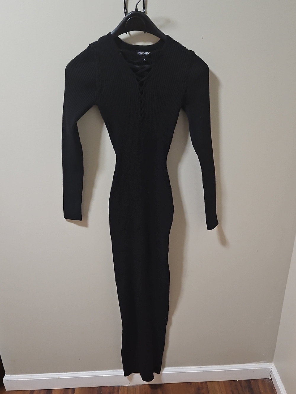 Black Long Sleeve Ribbed Lace-Up Bodycon Dress